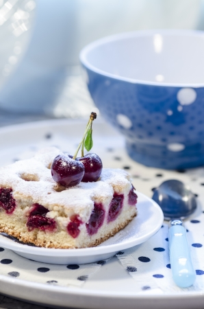 A slice of cherry pie on a linen napkin with polka dots. A cake decorated with fresh cherries. Next to a glass of juice. From the series "Homemade Cherry Pie"の写真素材