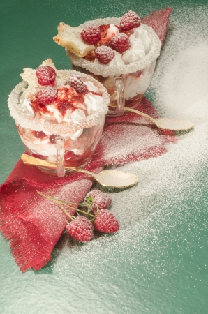 Christmas dessert in a glass with decoration. From series "Cranberry-raspberry trifle"の写真素材