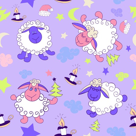 Seamless pattern with sheep, candle and Christmas tree. New year. Children.のイラスト素材
