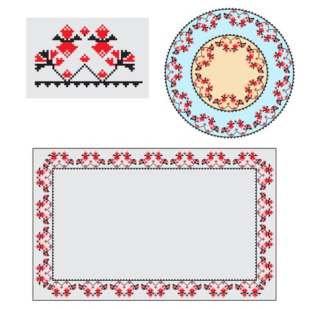 Set of Ethnic ornament pattern brushes and examples of use . Vector illustration. From collection of Balto-Slavic ornamentsのイラスト素材