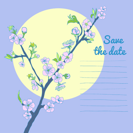 Flowering cherry branch on background of moon with text. Vector illustration. Best for invitations, Web banner, greeting cardのイラスト素材