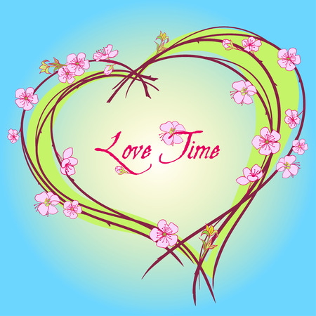 Flowering cherry branch in form of heart on background of sun with textLove Time . Vector illustration. Best for invitations, Web banner, greeting cardのイラスト素材