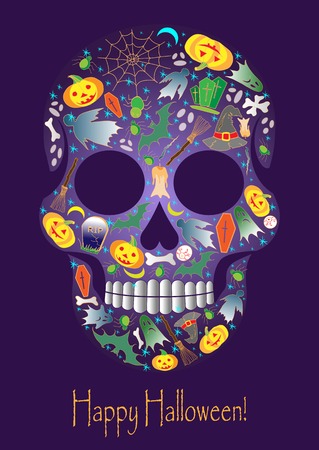 Merry Halloween skull with traditional symbols icons. VHand-drawn doodle elements. Vector.のイラスト素材