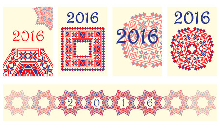 2016 Calendar cover with ethnic round ornament pattern in white red blue colors Vector illustration. From collection of Balto-Slavic ornamentsのイラスト素材