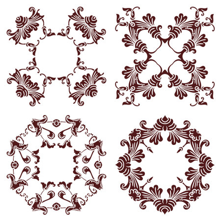 Set hand drawing decorative frame, silhouette in marsala color. Italian majolica style Vector illustration. The best for your design, textiles, posters, tattoos, corporate identityのイラスト素材