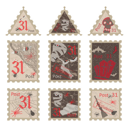 Set of vintage post stamps for Halloween party. Vector illustration.のイラスト素材
