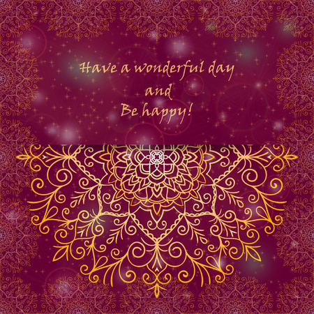 Template  greeting card design decorated with shiny pattern in oriental style. Golden Eastern mandala decor, frame for holiday design. Easily editable vector illustrationのイラスト素材