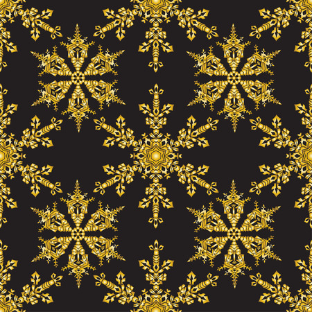 Reach christmas seamless background with hand-drawn realistic snowflake.  Golden color on black. Vector illustrationのイラスト素材