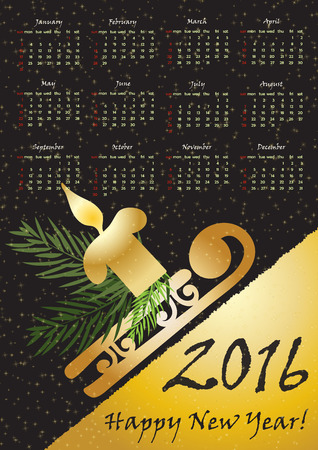 2016 calendar with whinter symbols  in gold color. A3 format, Vector illustrationのイラスト素材