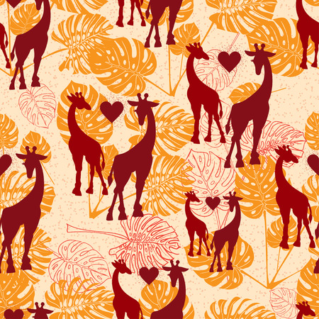 Seamless vintage pattern with giraffe. Black silhouette. Vector illustrationのイラスト素材