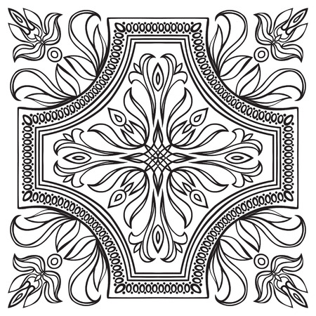 Hand drawing tile vintage black line pattern. Italian majolica style. Vector illustration.のイラスト素材
