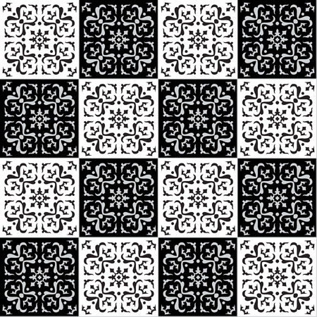 Hand drawing seamless  pattern for tile in black and white colors. Italian majolica style. Vector illustration. The best for your design, textiles, postersのイラスト素材