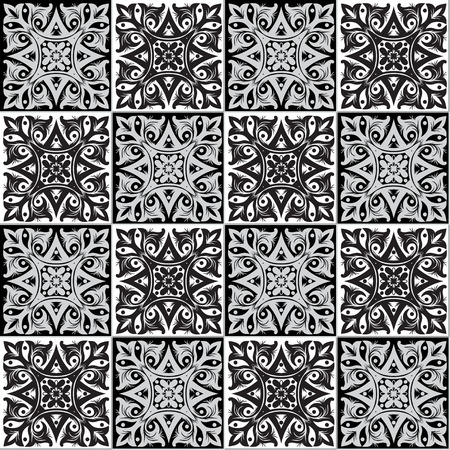 Hand drawing seamless  pattern for tile in black and white colors. Italian majolica style. Vector illustration. The best for your design, textiles, postersのイラスト素材