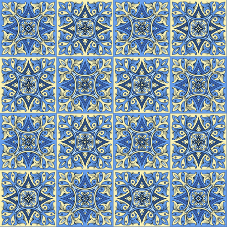Hand drawing seamless pattern for tile in blue and yellow colors. Italian majolica style. Vector illustration. The best for your design, textiles, postersのイラスト素材