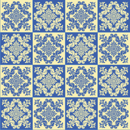 Hand drawing seamless pattern for tile in blue and yellow colors. Italian majolica style. Vector illustration. The best for your design, textiles, postersのイラスト素材