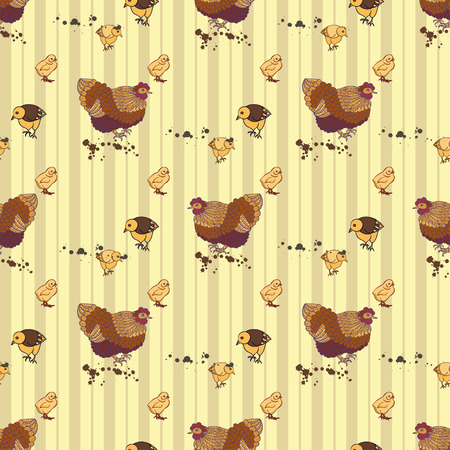 Seamless background with hand drawn doodle rooster, hens and chickens Vector illustration. Symbol 2017 New Year Chinese horoscope.のイラスト素材