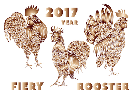 Set of red roosters.. Hand-drawn doodle silhouette with gradients. Vector illustration. Symbol 2017 New Year Chinese horoscope.のイラスト素材