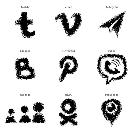 Hand-drawn sketch social media web icons set. Vector illustrations Black on white backgroundのイラスト素材