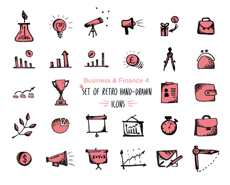 Hand-drawn sketch finance web icon set - economy, money, finance, payments. Vector illustrations Isolated black and red on white backgroundのイラスト素材