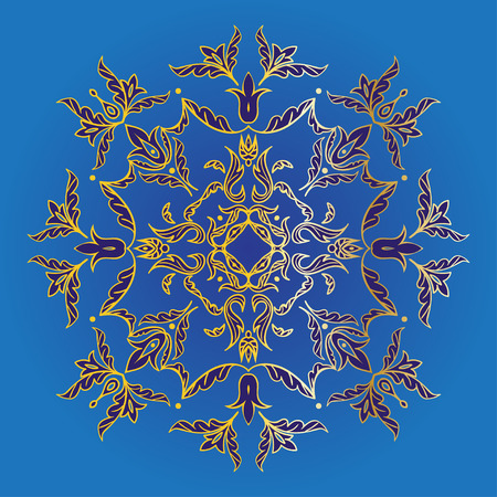 Hand drawing pattern for tile in blue, yellow and golden colors. Floral square. Italian majolica style Vector illustration. Best for your design, textiles, postersの写真素材
