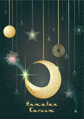 Greeting card design with text Ramadan Kareem for muslim festival in dark green and golden color Vector illustrasionsのイラスト素材