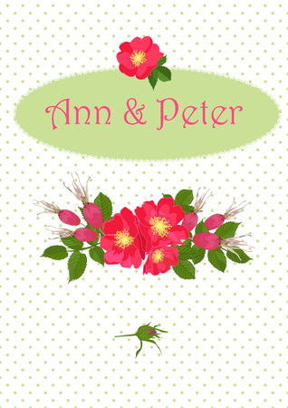 Wedding invitation with bouquet of red dog rose in realistic hand-drawn style Vector illustration.のイラスト素材