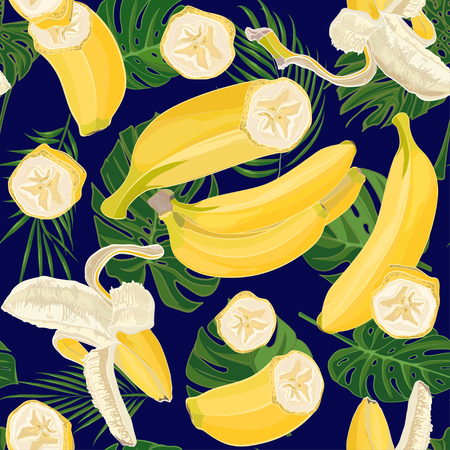 Seamless hand drawn tropical pattern with palm leaves, jungle exotic leaf and banana fruit on dark background. Fashion textile print, summer floral wallpaper. Vector illustration, botanical drawingのイラスト素材