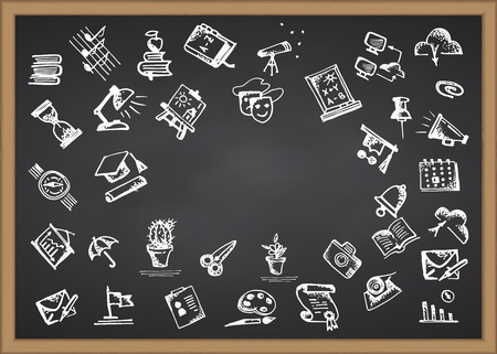 Back to school. Hand drawn school icons and symbols on chalkboard. With place for your text Vector illustrationのイラスト素材