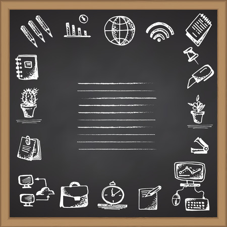 Back to school. Hand drawn school icons and symbols on chalkboard. With place for your text Vector illustrationのイラスト素材