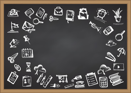 Back to school. Hand drawn school icons and symbols on chalkboard. With place for your text Vector illustrationのイラスト素材
