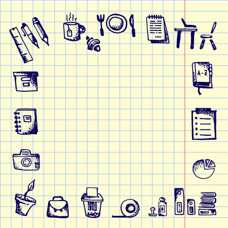Back to school. Hand drawn school icons and symbols on notebook page. With place for your text Vector illustrationのイラスト素材
