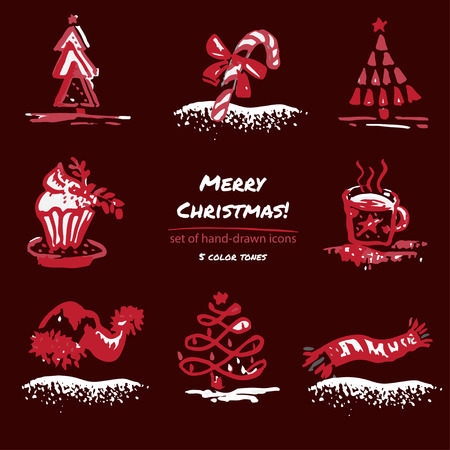 Christmas hand drawn sketch icons on dark red background Few color tones, red, white, gray. Vector illustrationのイラスト素材