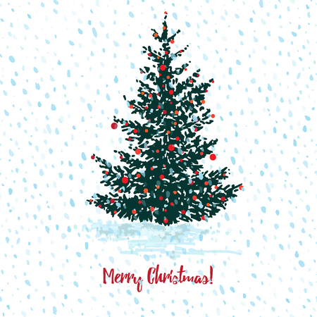 Festive Christmas card. Fir tree with red balls on white snowy seamless background and text Merry Christmas.のイラスト素材