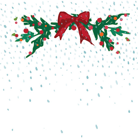 New Year hand-drawn card template with holiday satin red bow, Christmas wreath and places for your text. Vintage grunge style. Quick ink brush sketch. Vector illustrationのイラスト素材