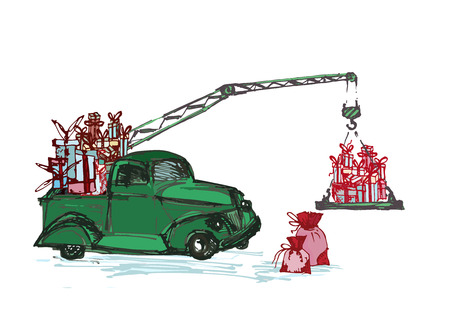 Green crane truck with fir tree decorated with red balls and Christmas gifts isolated Vector illustrationsのイラスト素材