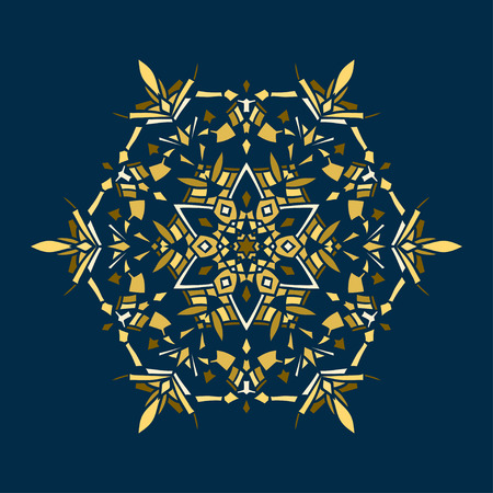 Golden stencil snowflake for winter celebration decoration Christmas and New Year greeting card, wedding invitation background. Laser cut template design Gold colored texture.のイラスト素材