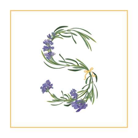 Letter S monogram. Retro sign alphabet with lavender flower initial. Watercolor style, botanical illustration isolated on white. Vintage vector font typefaceのイラスト素材