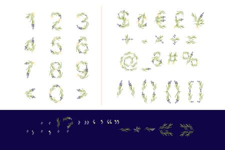 Retro sign alphabet with lavender flower initial. Watercolor style, botanical illustration isolated on white. Vintage vector font typefaceのイラスト素材