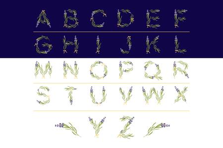 Retro sign alphabet with lavender flower initial. Watercolor style, botanical illustration isolated on white. Vintage vector font typefaceのイラスト素材