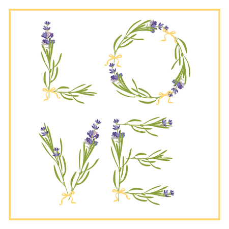 Typography slogan with lavender flower text Love for t-shirt printing, embroidery, design. Graphic and printed tee. Inspirational Quote isolated on white background Vector illustration.のイラスト素材