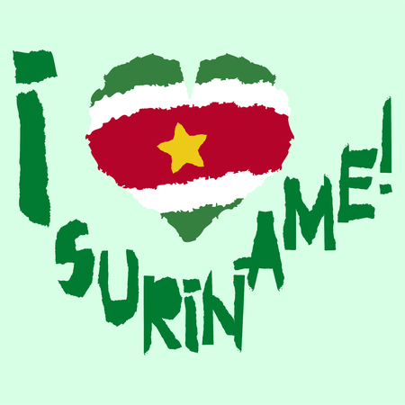 Love Suriname, America. Vintage national flag in silhouette of heart Torn paper texture style Independence day background Good idea for retro badge banner, T-shirt graphic design Vector illustrationのイラスト素材