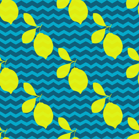 Trendy minimal summer seamless pattern with whole, sliced fresh fruit lemon on color background. Vector illustrationsのイラスト素材