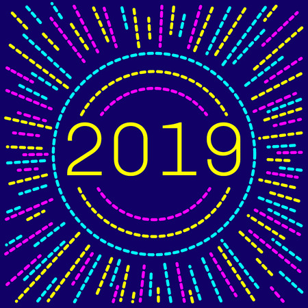 2019. Cover Calendar page in memphis style poster for concept typography design, flat color. Week starts on Sunday Happy New year. Sun tribal pattern.Vector Illustration.のイラスト素材