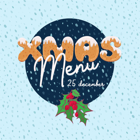 Christmas menu design in cartoon style with text form of homemade cookies. Doodle letters for brochure, poster, vintage festive background, party card. Vector illustration.のイラスト素材