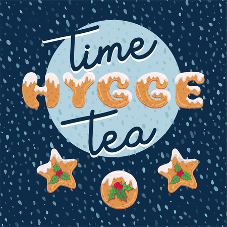 Christmas hygge card design in cartoon style with text form of homemade cookies. Doodle letters for brochure, poster, vintage festive background, party postcard. Vector illustration.のイラスト素材