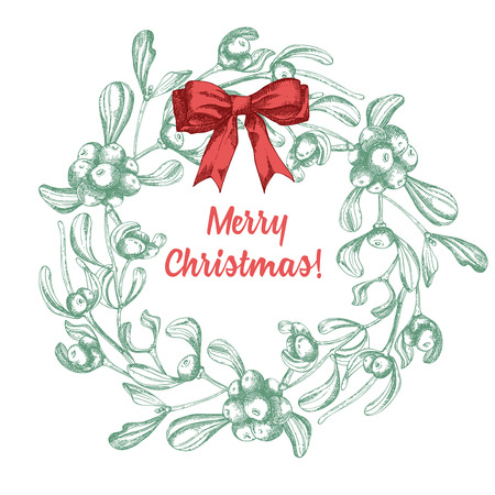 Set of hand drawn sketch Christmas traditional branch decoration with satin bow and text Kiss me under mistletoe. Vintage style. . For design holiday card, invitation, poster. Vector illustrationのイラスト素材