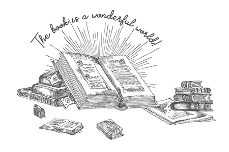 Banner with hand drawing sketch books isolated on white and text Book is a wonderful world Concept vintage design for fair or festival flyer, bookshop, advertising Vector illustrationのイラスト素材