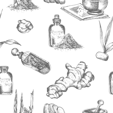 Seamless pattern hand drawn of Ginger roots, lives and flowers in black color isolated on white background. Retro vintage graphic design Botanical sketch drawing, engraving style. Vector illustration.のイラスト素材