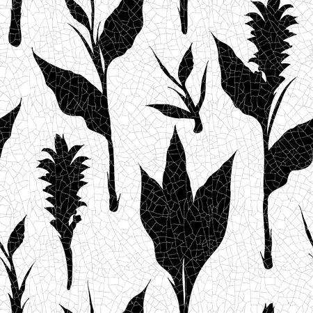 Retro seamless pattern with black tropical leaves and flowers silhouette shadow on white background. Vintage fabric textile, fashion summer print design, exotic poster. Vector illustrationsのイラスト素材