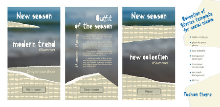 Trendy easy editable template for social media stories in torn paper style. Fashion sale theme Creative design background for individual and corporate web promotion, blogs. Vector illustration.のイラスト素材